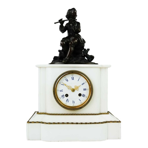 234 - A French Regence style white marble and bronze mantel clock. 19th century, the white enamel dial and... 