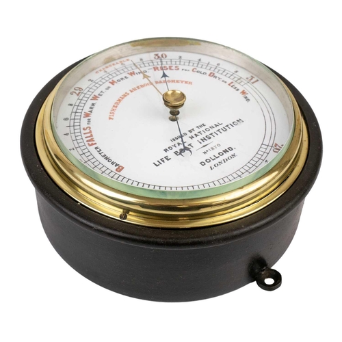 235 - A late 19th century bulkhead Fishermans Aneroid Barometer. By Dollond London, diameter 16.5cm. There... 