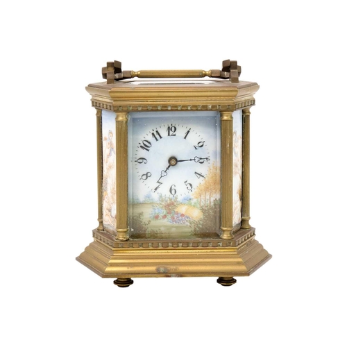 236 - A hexagonal brass carriage clock. Set with painted enamel panels, the dial with a country scene, the... 