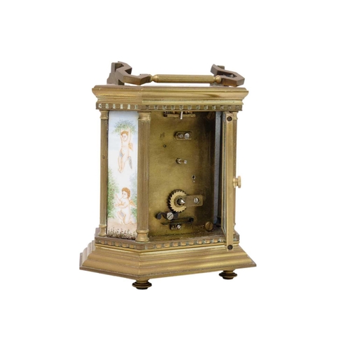 236 - A hexagonal brass carriage clock. Set with painted enamel panels, the dial with a country scene, the... 