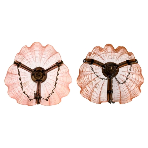 244 - Two Art Deco chrome and rose glass light pendant Diameter 34cm together with a pair of matching wall... 