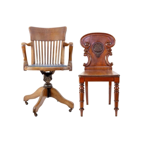 298 - An oak swivel office chair, circa 1920. Height 89cm, width 54cm; and a Victorian mahogany hall chair... 