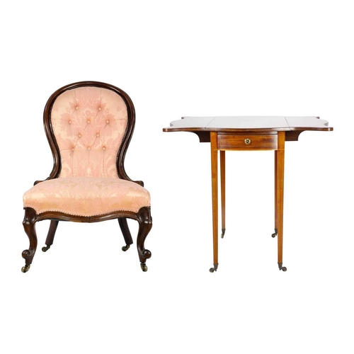 302 - An Edwardian inlaid mahogany pembroke table. and a Victorian lady's salon chair. (2)