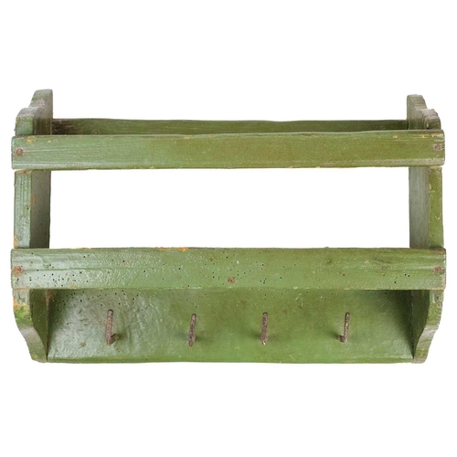 304 - A George III naive green painted wood hanging shelf. With four iron hooks, height 33.5cm, width 48.5... 