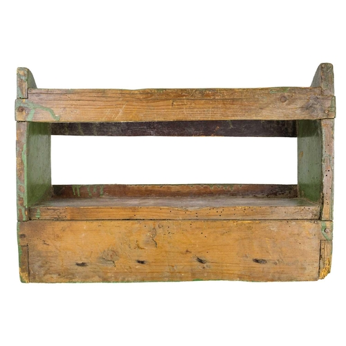 304 - A George III naive green painted wood hanging shelf. With four iron hooks, height 33.5cm, width 48.5... 