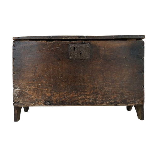 306 - A 17th/18th century small elm coffer. Height 40cm, width 60.5cm, depth 31cm.