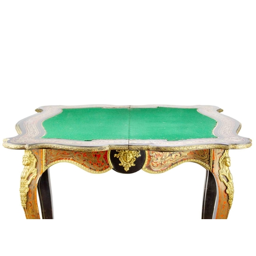 309 - A French Boulle fold over serpentine card table, 19th century. In the Louis XV style, with leather i... 