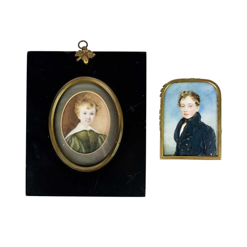 39 - Two Victorian portrait miniatures of boys. The first, in an arched surround, with a curly haired boy... 