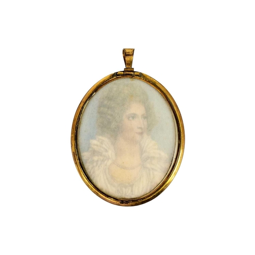 44 - An early 19th century oval portrait miniature. Of a lady, wearing a white dress with a pearl necklac... 