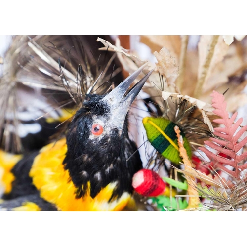 61 - A Victorian taxidermy display of birds. With glazed dome and ebonised stand, total height 54cm, widt... 