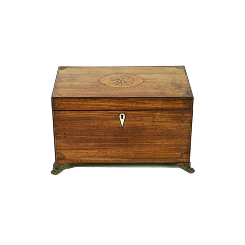 68 - A George III mahogany, inlaid, and crossbanded tea caddy. Fitted two lidded compartments, on stamped... 