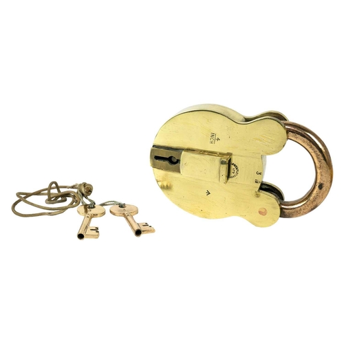 71 - A large brass padlock circa 1930. By Lowe & Fletcher broad arrow mark, height 16cm.