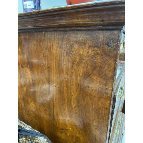 1000 - A George II burr elm and yew banded chest on stand. The upper with two short and three long drawers ... 