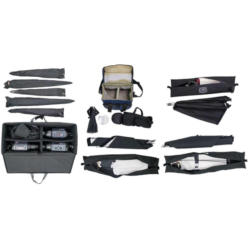 119 - Photography equipment Including three Bowens 500 esprit flash heads in a carry bag mains operated fl... 