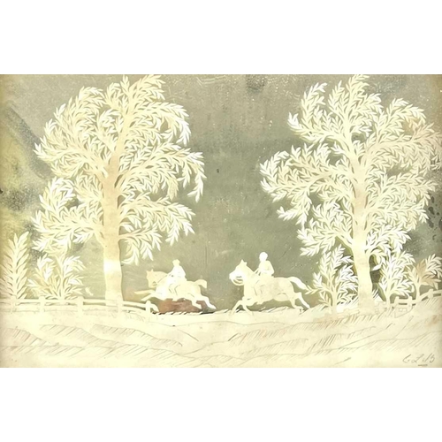 120 - A Victorian cut paper picture by C L B With two riders in a lightly wooded landscape, on a mirrored ... 