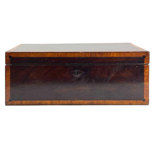 131 - A 19th century mahogany and satinwood banded writing box. Fitted a side drawer, height 17.5cm, width... 