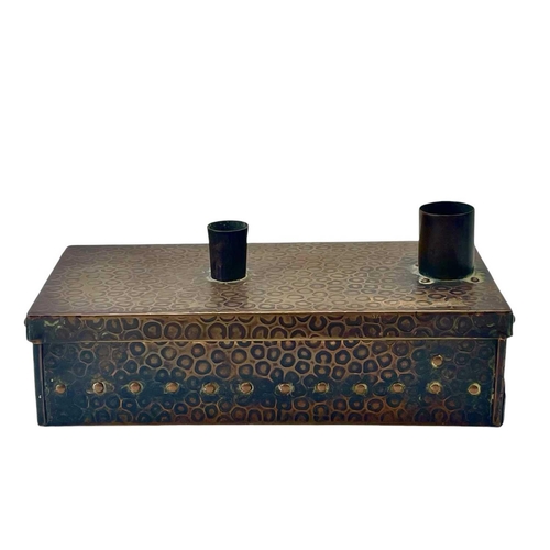 133 - An early 20th century copper warmer/smoker. Decorated with an animal skin design the twin funnel lid... 