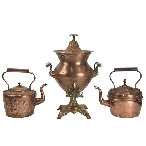 138 - A Victorian copper samovar and cover. With opaque glass handles, height 46cm, together with three co... 