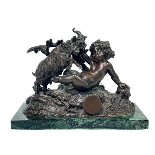 156 - After Clodion, a patinated bronze putti and ram group. 20th century, on a green marble base, height ... 