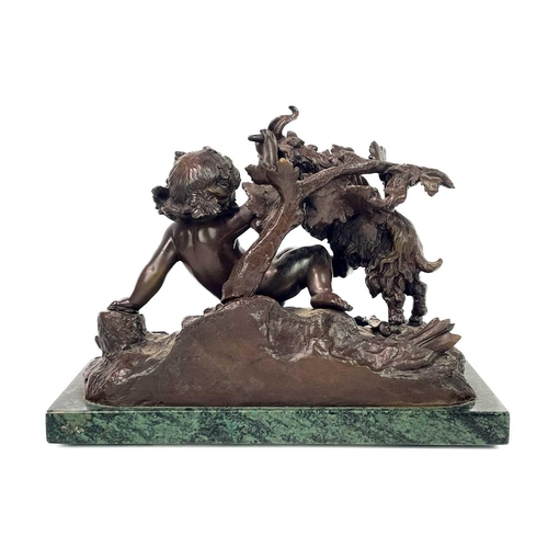 156 - After Clodion, a patinated bronze putti and ram group. 20th century, on a green marble base, height ... 