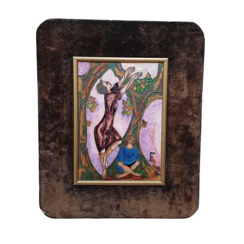 161 - A Continental enamel plaque of two figures under a tree. Signed Foc dort? 26.5cm x 19cm together wit... 