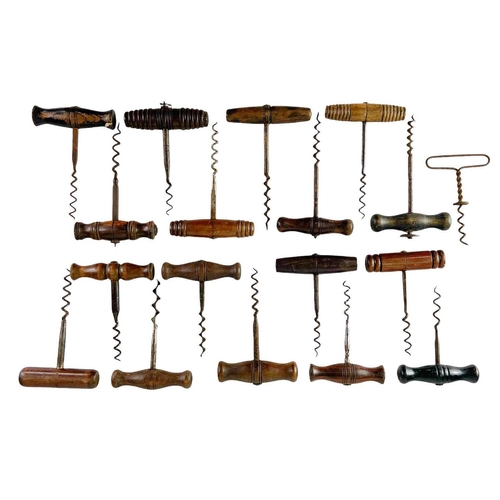 162 - A collection of various hardwood direct pull corkscrews. (18)