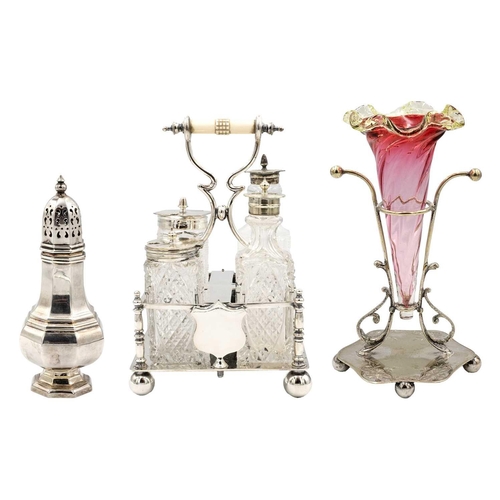 164 - A selection of silver plated wares. To include a four bottle cruet stand with celluloid handle, a cr... 