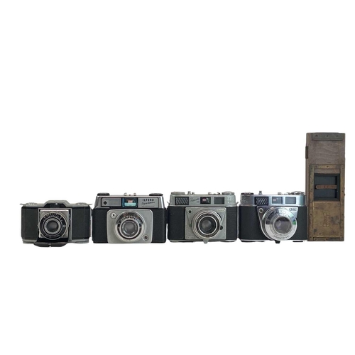 175 - A collection of various cameras. Including, Ikon, Ikonta, Box Tengor, Zeiss leather cases, Kodak Pro... 