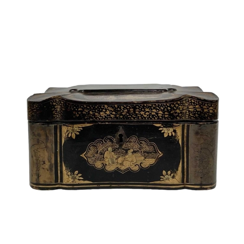 180 - A 19th century Chinese Export lacquer box. Of quatrefoil form decorated with figures within gardens,... 