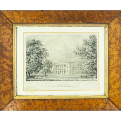 200 - A 19th century engraving of a country house, The Hook, seat of William Hornby. 18X23cm, in a burr wa... 