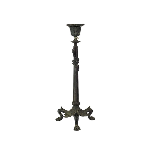 206 - French bronze candlestick. Late 19th century, the fluted column entwined with a snake, the leaf cast... 