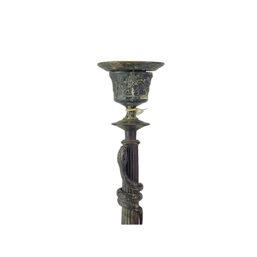 206 - French bronze candlestick. Late 19th century, the fluted column entwined with a snake, the leaf cast... 