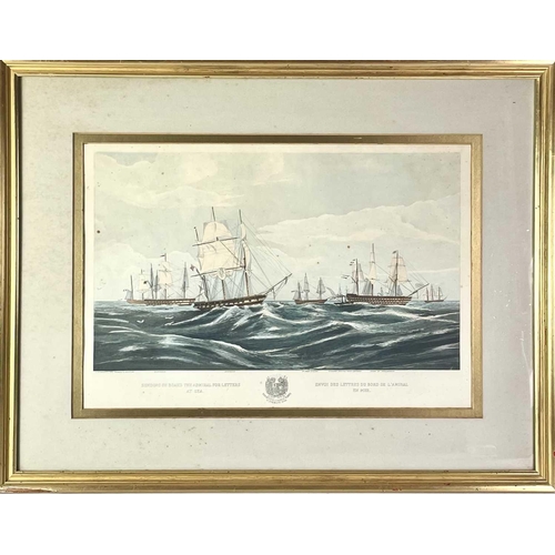 229 - After Brierly, colored lithograph. Sending on board the Admiral for letters at sea, the English and ... 