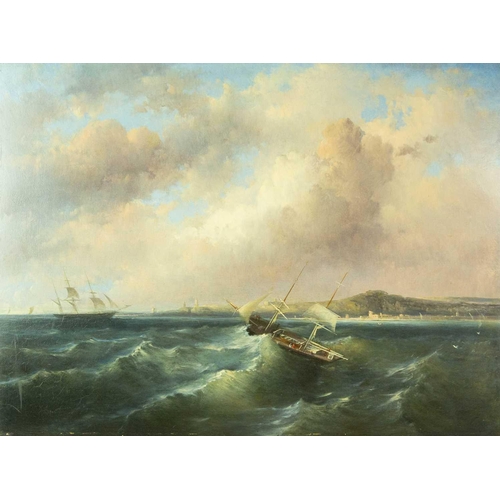 240 - Continental School, mid 19th century. Boats in a heavy swell off the coast. Oil on mahogany panel, u... 