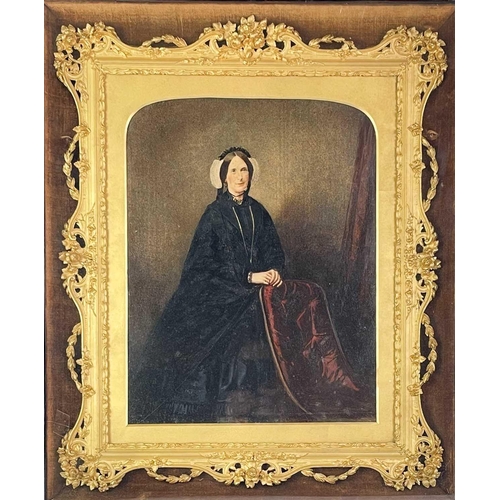 64 - A pair of Victorian overpainted portraits, in ornate gilt frames. Contained within glazed rosewood o... 