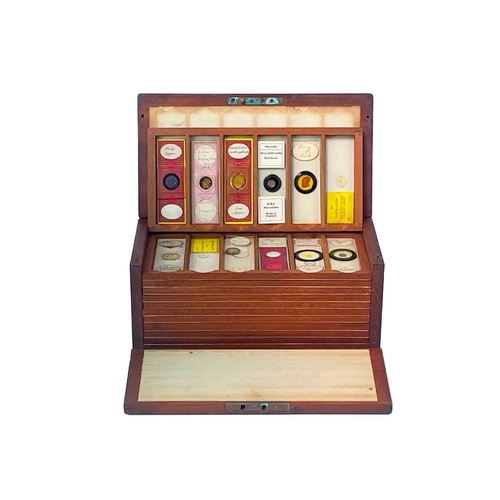 70 - Two Victorian mahogany cases of microscope slides. The flush boxes, with hinged lids and fronts, con... 