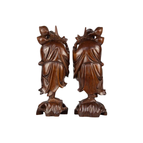 117 - A pair of Chinese carved hardwood figures, circa 1900. Height 40cm, width 15cm. (2)