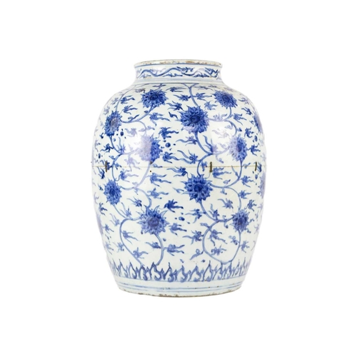 126 - A Chinese blue and white porcelain ovoid jar, Ming Dynasty. With all over scrolling lotus decoration... 