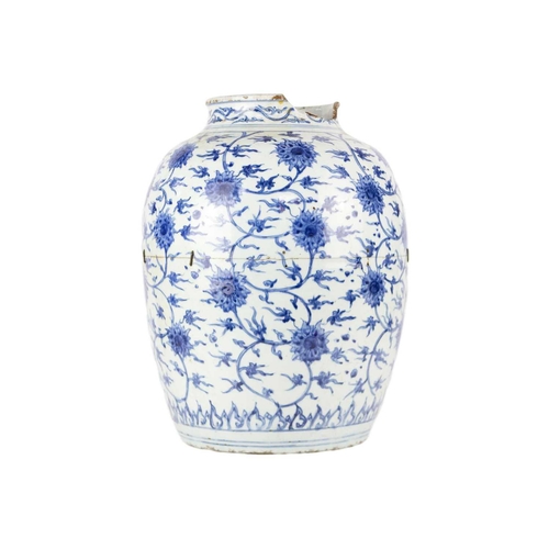 126 - A Chinese blue and white porcelain ovoid jar, Ming Dynasty. With all over scrolling lotus decoration... 