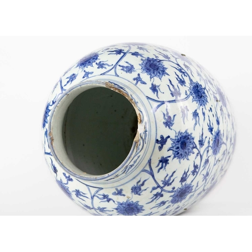 126 - A Chinese blue and white porcelain ovoid jar, Ming Dynasty. With all over scrolling lotus decoration... 