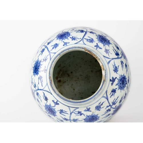 126 - A Chinese blue and white porcelain ovoid jar, Ming Dynasty. With all over scrolling lotus decoration... 