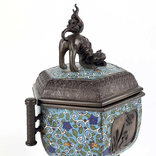 129 - A Japanese bronze and cloisonne incense burner, Meiji period. The cover surmounted by a temple lion ... 