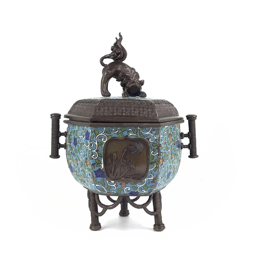 129 - A Japanese bronze and cloisonne incense burner, Meiji period. The cover surmounted by a temple lion ... 