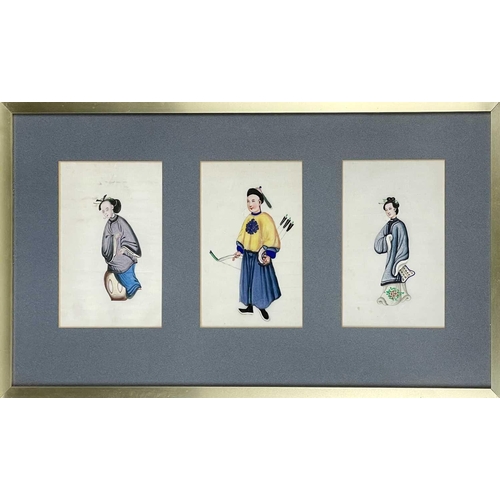 131 - A framed set of three Chinese portrait pith paper paintings, early 20th century. Frame size 37 x 64c... 