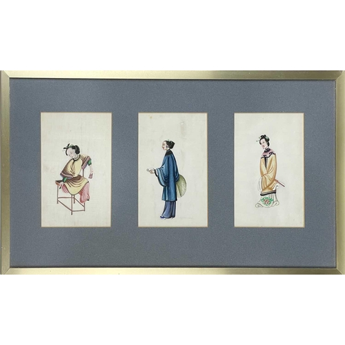 132 - A framed set of three Chinese portrait pith paper paintings, early 20th century. Frame size 37 x 64c... 