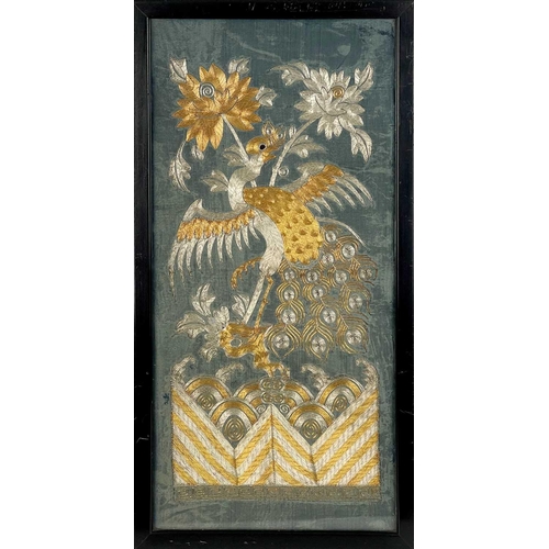 137 - A pair of Chinese silk and metal thread panels, circa 1900. Each decorated with a peacock amongst fo... 