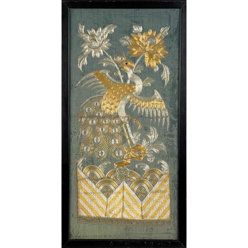 137 - A pair of Chinese silk and metal thread panels, circa 1900. Each decorated with a peacock amongst fo... 