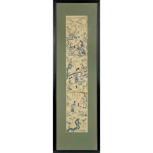 138 - A Chinese silk embroidered sleeve band, circa 1900. Decorated with figures in a garden setting, fram... 