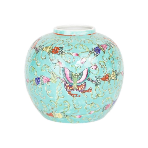 143 - A Chinese blue and white prunus pattern ginger jar. Height 12.5cm, width 12.5cm and two Chinese porc... 