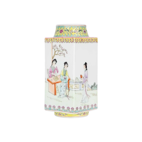 144 - A Chinese porcelain cong vase, 20th century. Height 23.5cm, width 10cm, depth 10cm.